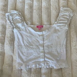 Sugar Thrillz White Ruffle Button Blouse, Size XS
